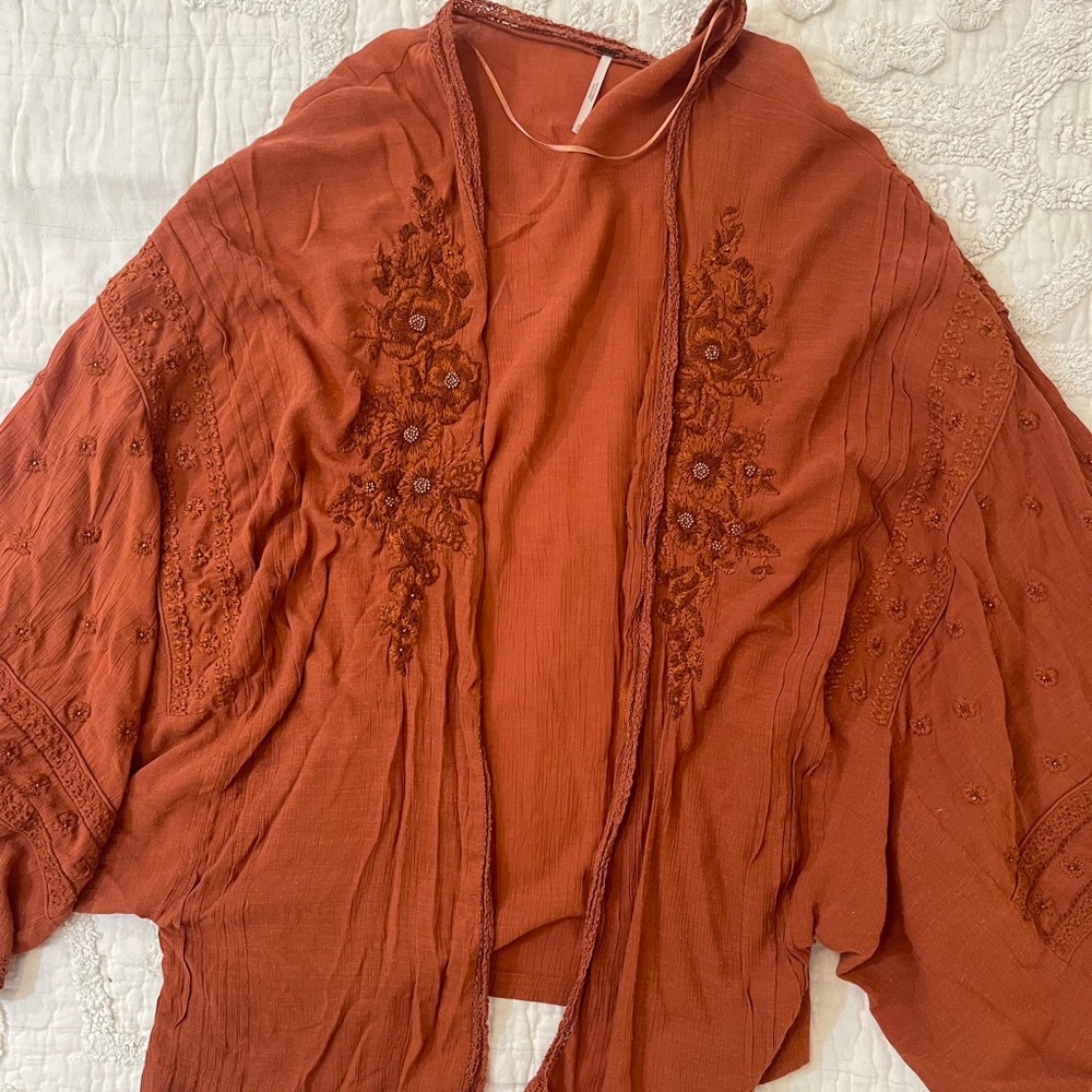 Free People embroidered rust cardigan size M